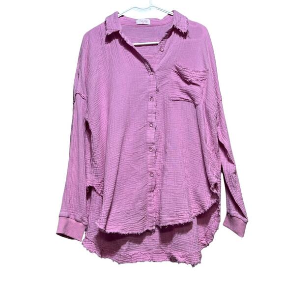 Pink Lily Tops - Pink Lily Lavender Gauze Button Down Shirt Raw Hem Oversized Boho Casual Small